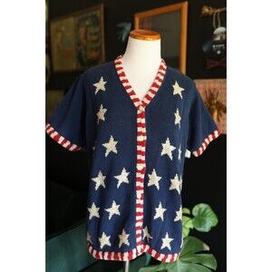 Quacker Factory Sweater Knit Blue Red USA Flag Star Spangled Banner Buttons Sz L
